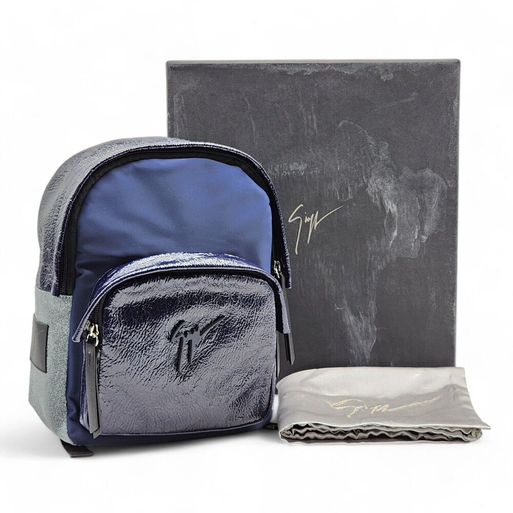 Giuseppe Zanotti Logo Mini Backpack Nylon, Leather,  Suede Blue Black Gray - $9